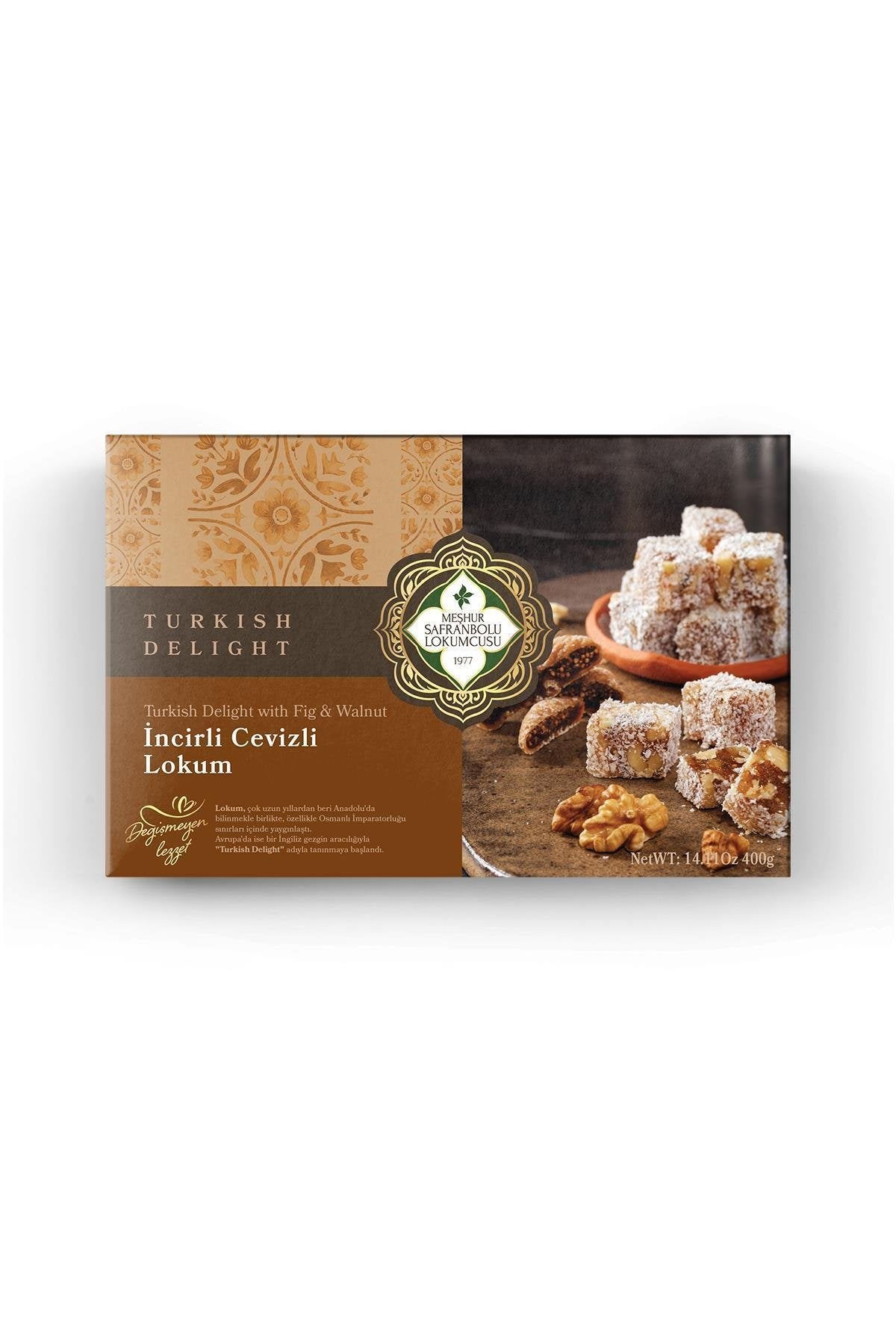 Safranbolu Lokumcusu Turkish Delight w/Fig&Walnut Covered With Coconut 400 Gr