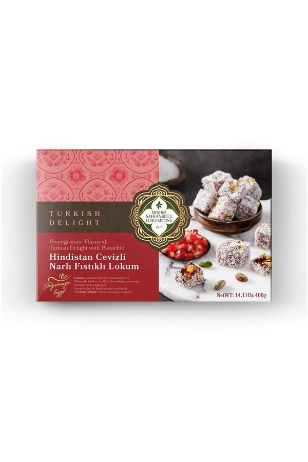 Safranbolu Lokumcusu Turkish Delight w/Pomegranate&Pistachio Covered With Coconut 400 Gr